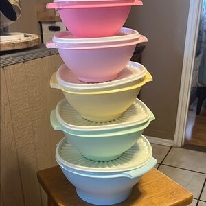 Tupperware Pink and Yellow Food Storage Set with Stacking Design